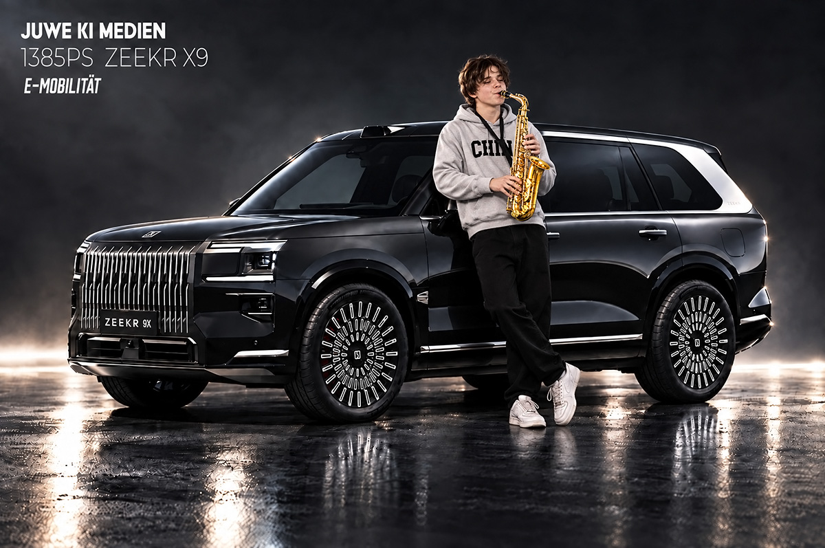 KI-Medien der JUWE KI-Agentur: KI-generiertes Bild eines jungen Mannes an einem schwarzen Elektro-SUV
