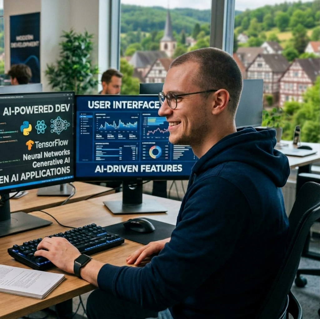 Entwickler der JUWE KI-Agentur arbeitet an KI-Software mit Neural Networks und generativer KI